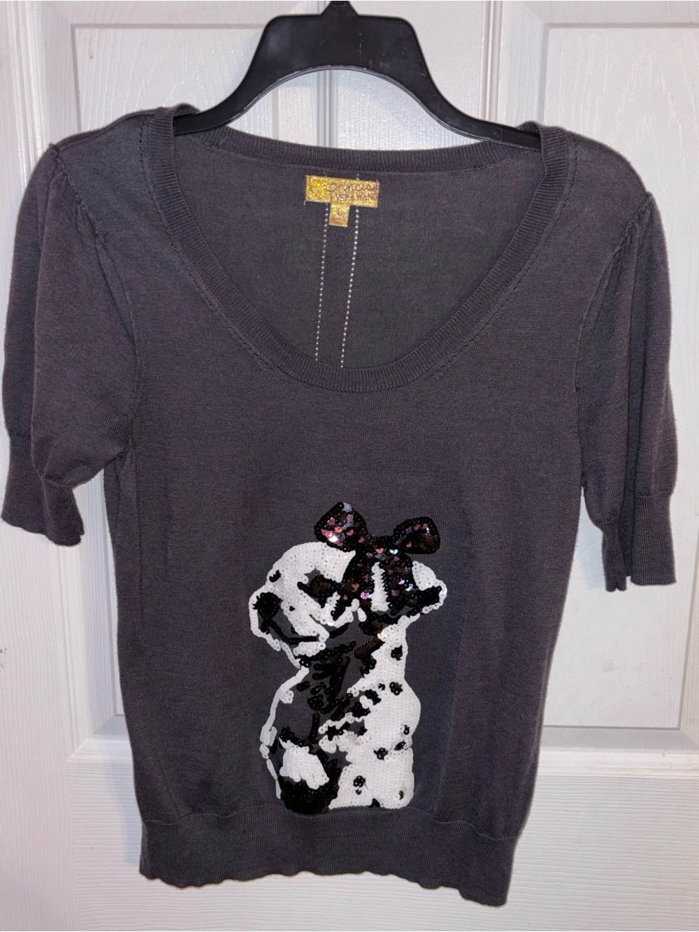 princess vera wang Gray Short-Sleeve Knit Sweater Sequin Dog Motif Y2K inspired
